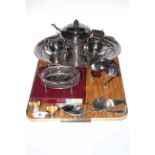 Mappin & Webb three piece silver plated tea set, Unity A1 plate tray,