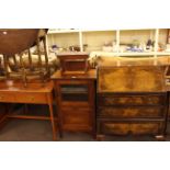 Walnut three drawer bureau, oak glazed door music cabinet, oak gate leg table and stained stool (4).