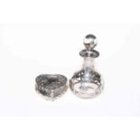 Silver embossed heart shaped pill box, Chester 1899, and silver overlay scent bottle (2).