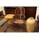 Windsor elm pierced splat back elbow chair, bamboo occasional table,