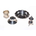 Four pieces of silver including inkwell, dish, napkin ring and cellar.