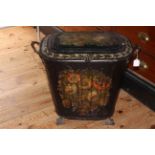 19th Century Tole Ware black metal log bin decorated with floral design, 47cm.