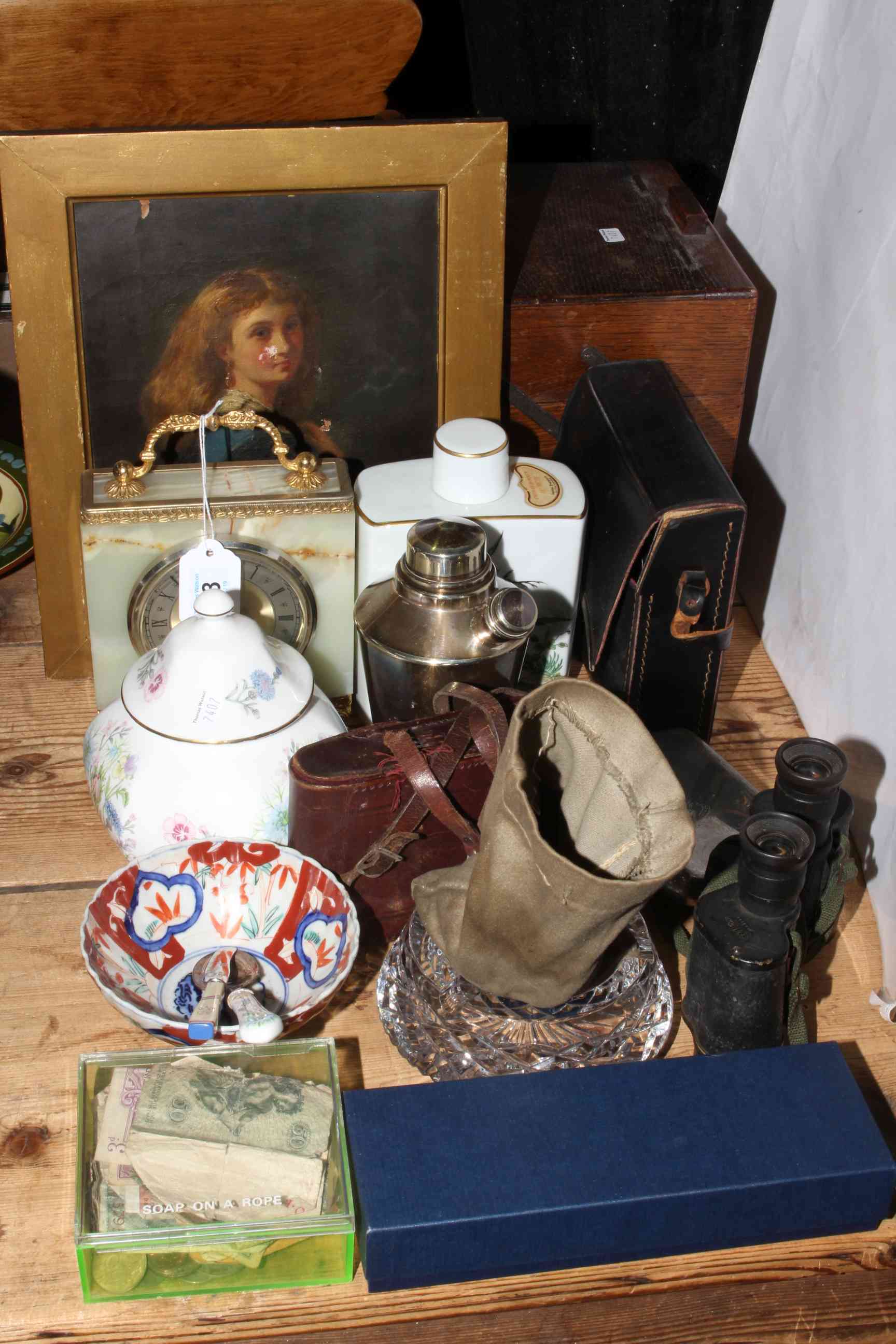 Oak sewing box, portrait oil painting, binoculars, coins and bank notes, onyx clock,