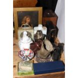 Oak sewing box, portrait oil painting, binoculars, coins and bank notes, onyx clock,
