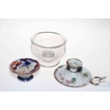 Enamel chamber candlestick, glass finger bowl and small tazza (3).