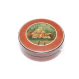 Antique circular papier mache box with painted lid.