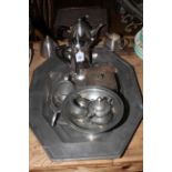 Art Deco three piece Beehive tea set, assorted pewter including tray, pedestal bowl, gravy boat,