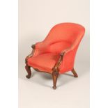 Victorian mahogany framed arm chair, acanthus leaf scrolled arms raised on short cabriole legs and