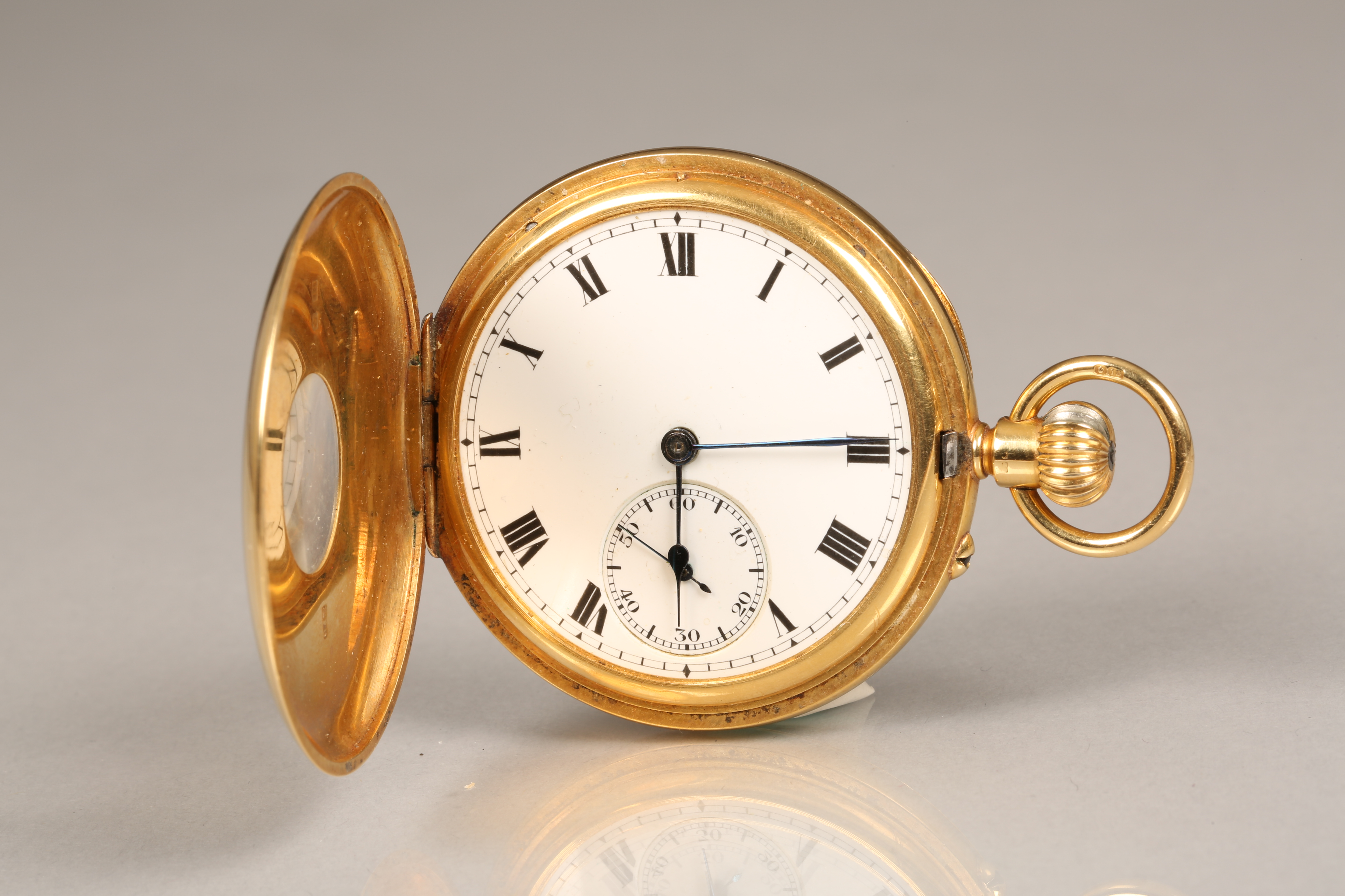 Gents 18 carat gold cased half hunter pocket watch with subsidary dial, blue steel hands with