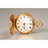 Gents 18 carat gold cased half hunter pocket watch with subsidary dial, blue steel hands with