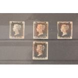 Four individual 1840 1d blacks, very fine used 4 margins. Mounted to a stock card