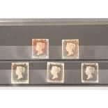 Five individual 1840 1d blacks, very fine used 4 margins. Mounted to a stock card