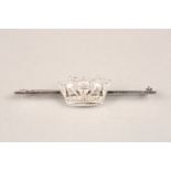 14 carat white gold diamond set naval crown bar brooch. Set with 7 small brilliant cut diamonds.