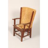 Childs Orkney chair, wooden frame with curved rush back 84cm high