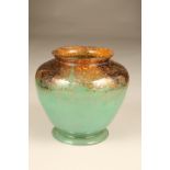 Scottish Monart glass vase, blue/green with black speckled with orange and yellow and gold