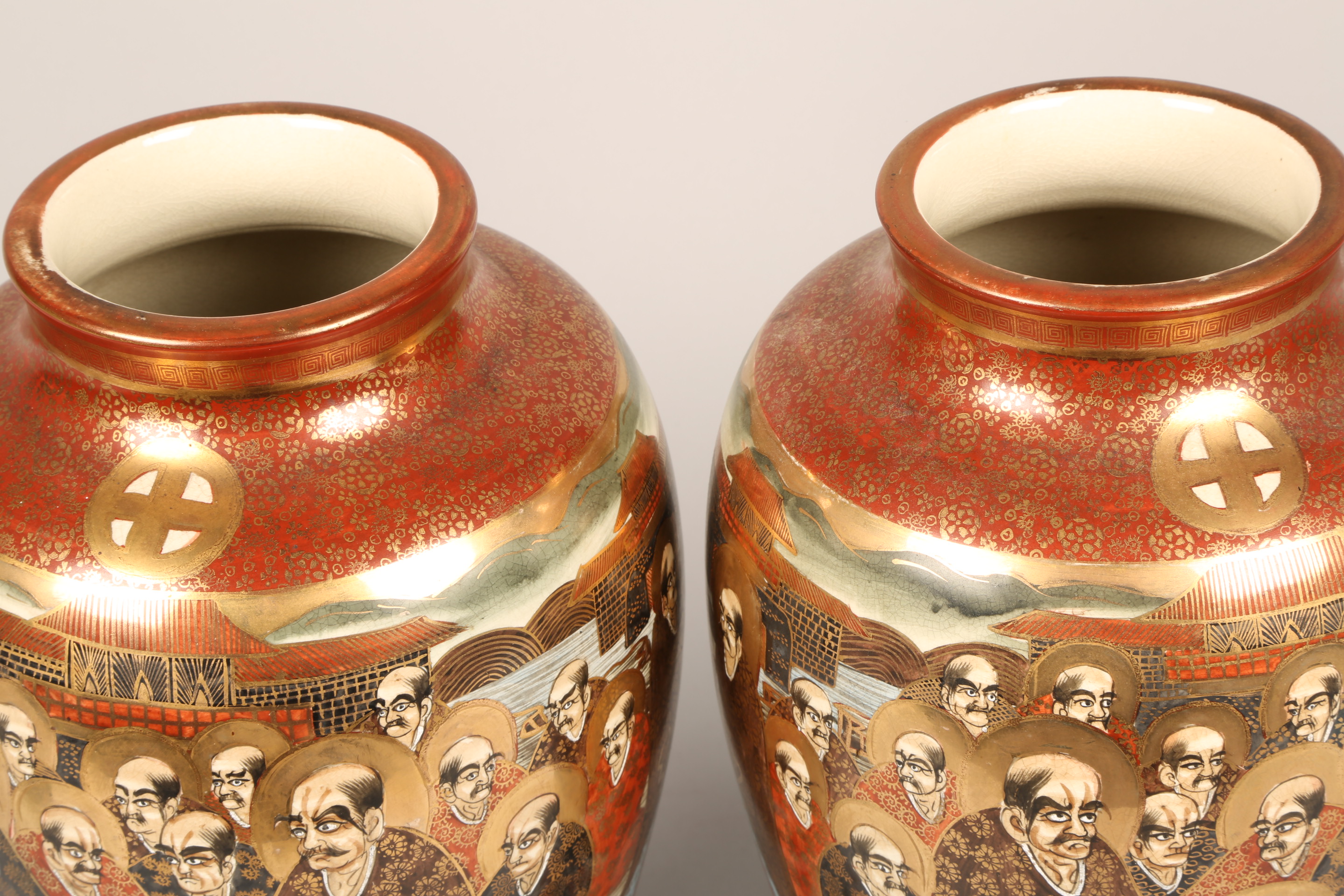 Pair Japanese Satsuma Pottery vases, baluster form, decorated with rakan and dragons. Meiji - Image 5 of 7