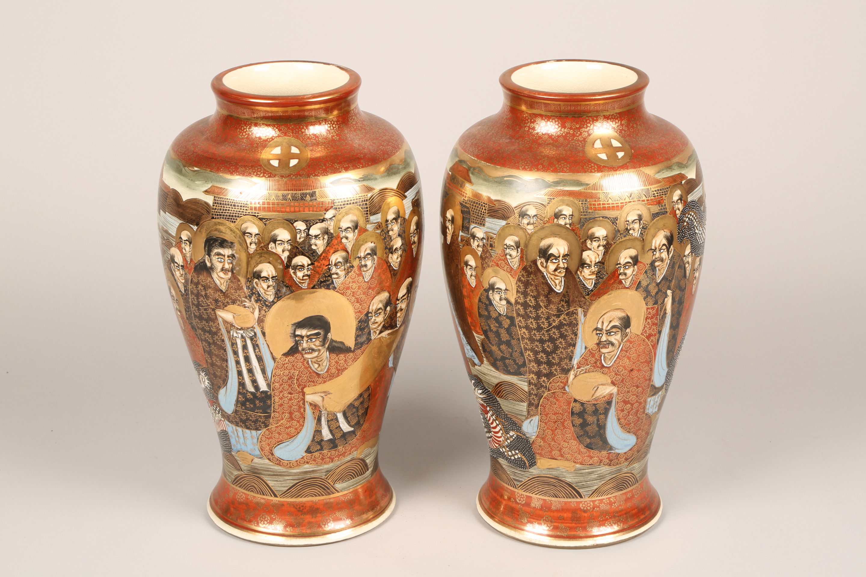 Pair Japanese Satsuma Pottery vases, baluster form, decorated with rakan and dragons. Meiji - Image 2 of 7