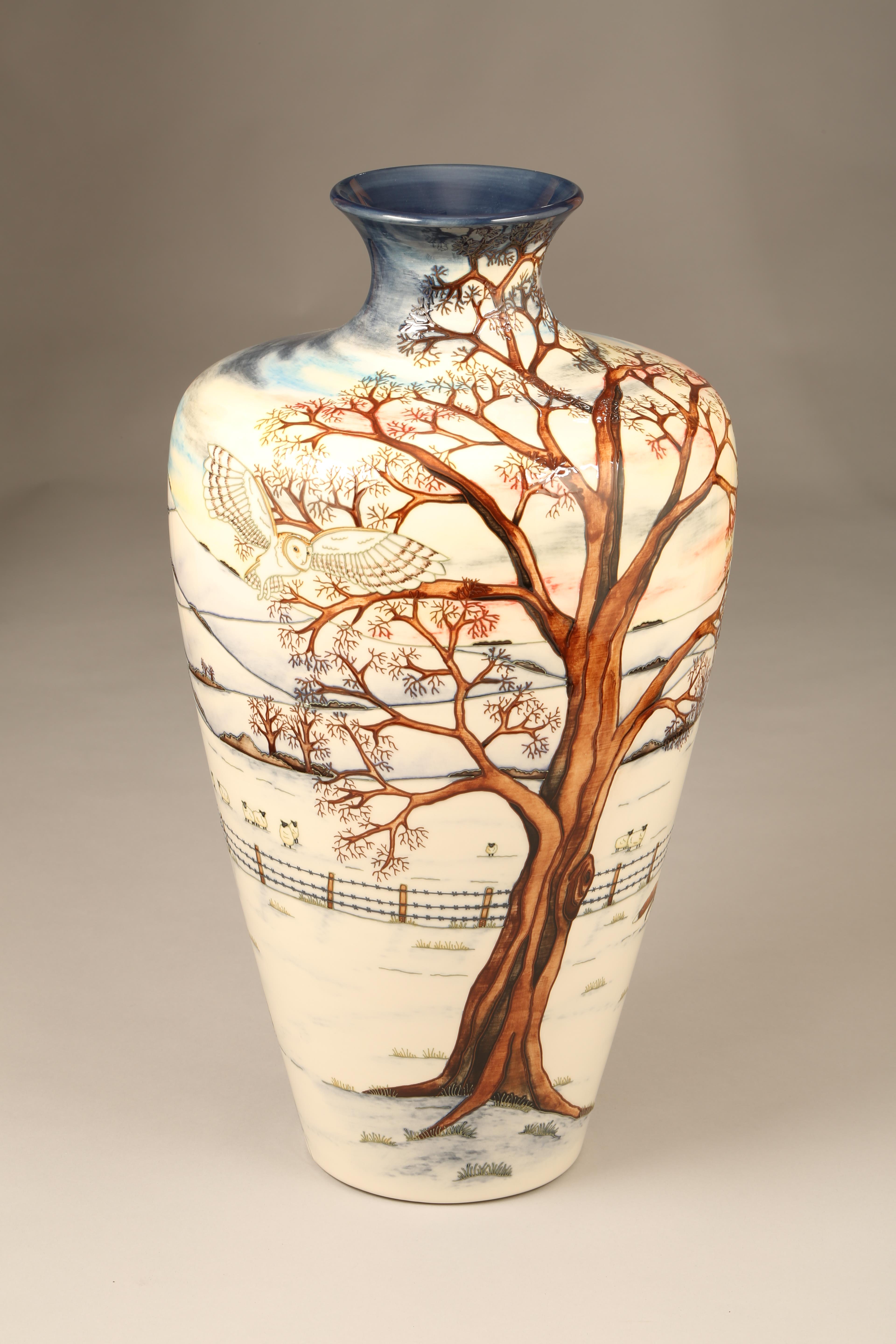 Moorcroft vase, decorated in the Woodside farm design, signed Anji Davenport dated 1999 52cm high