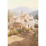 Indistinctly signed (Spanish) Framed oil on canvas, signed 'Andalusian Hill Top Village' 70cm x