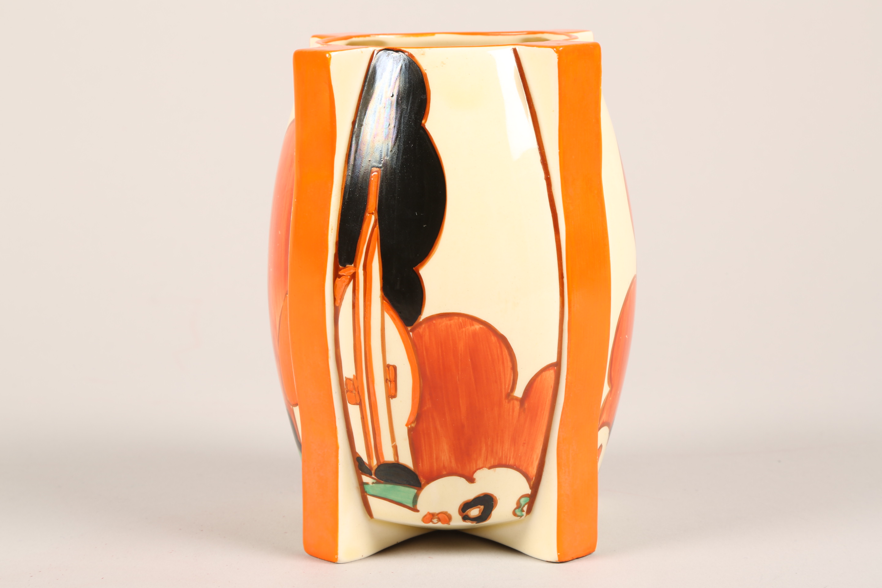 Clarice Cliff Bizarre vase, raised on four feet hand painted in the farmhouse pattern, signed - Image 7 of 7