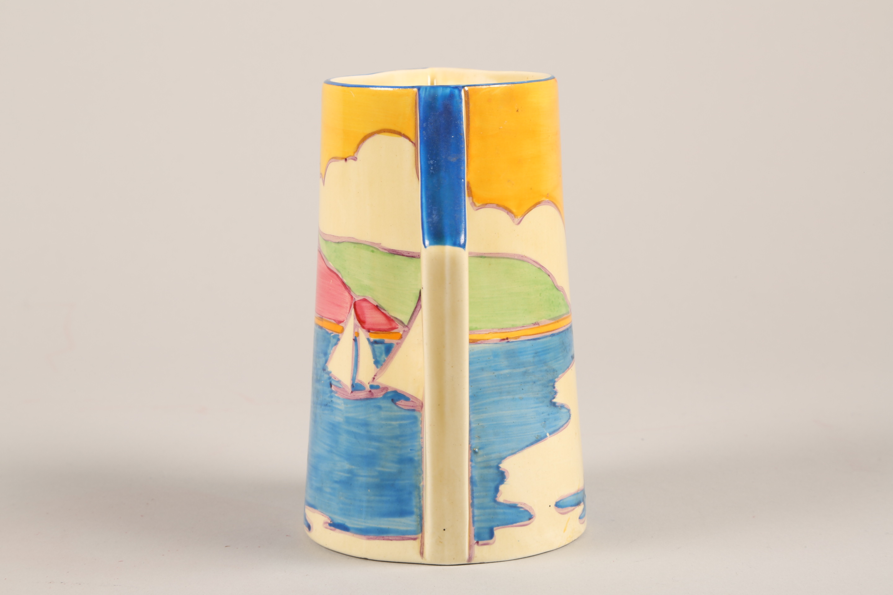 Clarice Cliff conical jug, in the Gibraltar Design, Fantasque and Bizarre marks. Height 13.5cm - Image 5 of 7