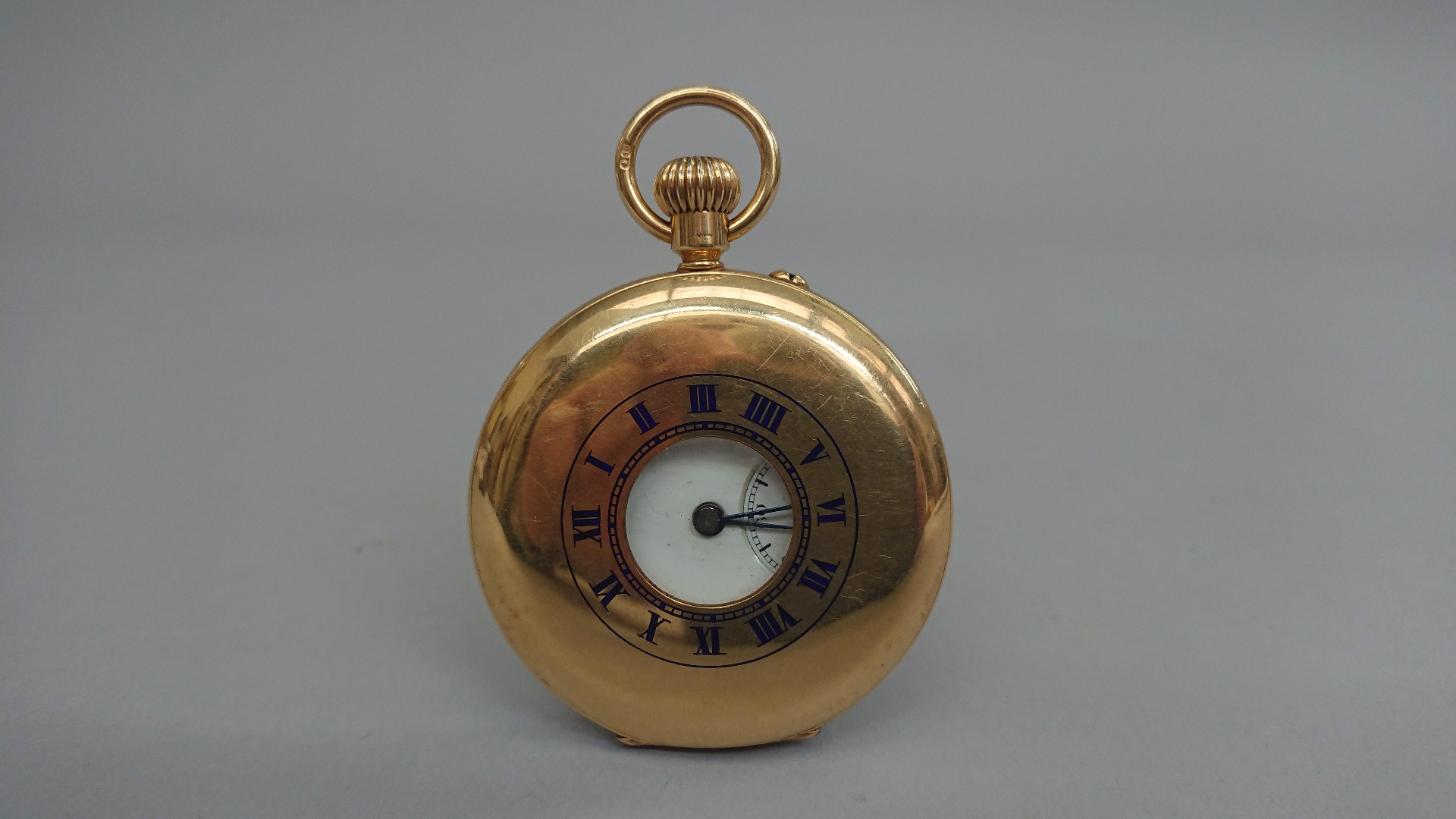 Gents 18 carat gold cased half hunter pocket watch with subsidary dial, blue steel hands with - Image 2 of 5