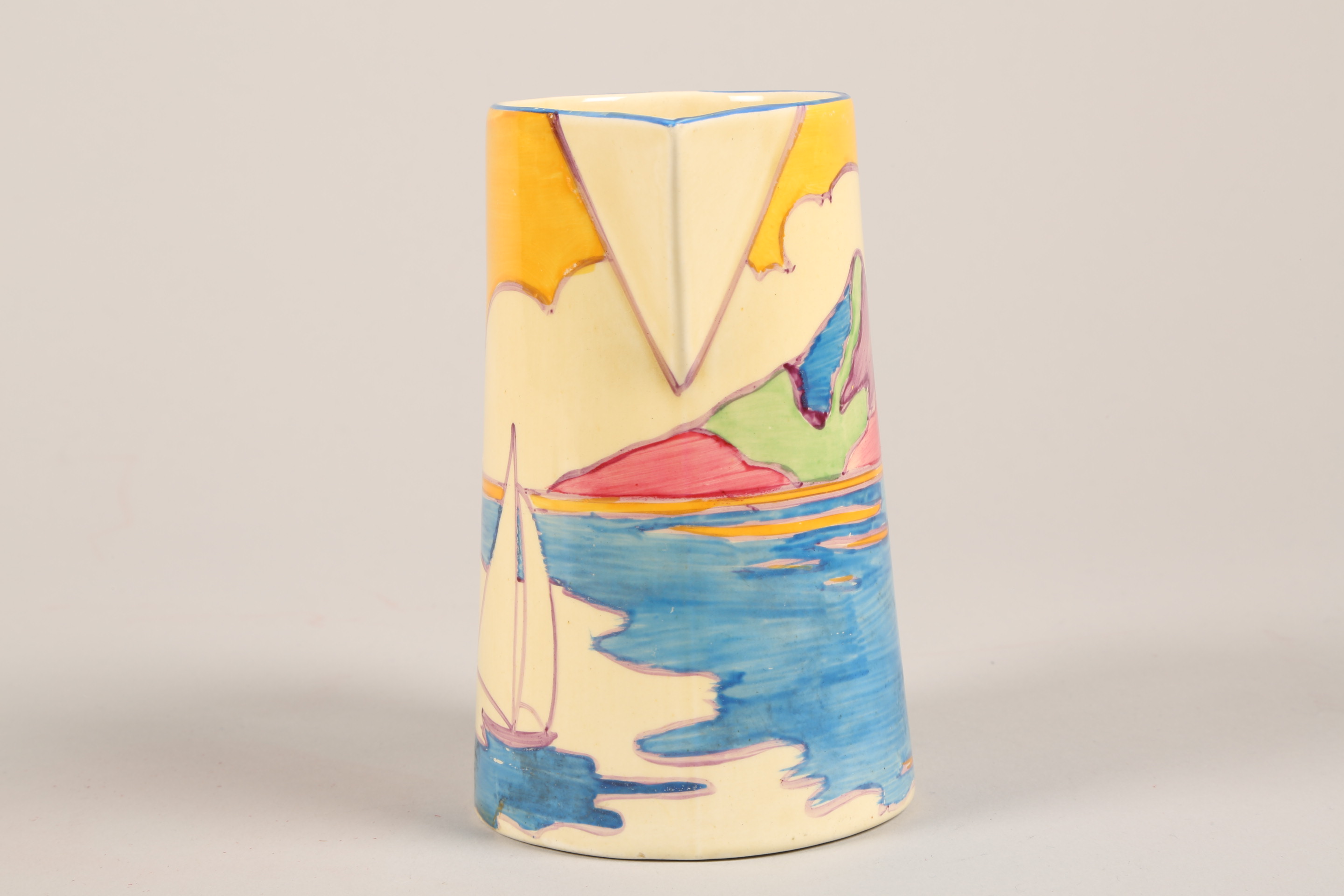 Clarice Cliff conical jug, in the Gibraltar Design, Fantasque and Bizarre marks. Height 13.5cm - Image 3 of 7