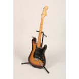 Fender Stratocaster three colour sunburst, black pickguard. Serial number S950394. Fullerton plant