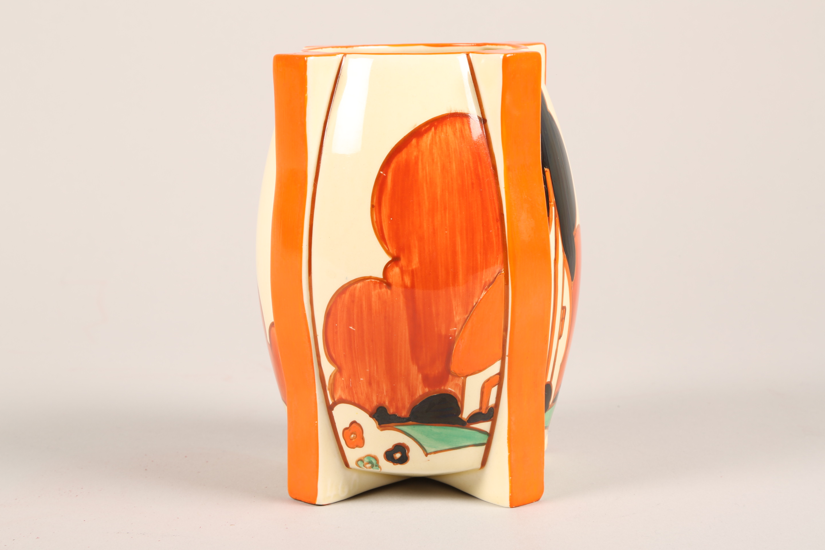 Clarice Cliff Bizarre vase, raised on four feet hand painted in the farmhouse pattern, signed - Image 4 of 7