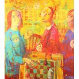 Andrei Bludov (Russian) ARR Framed oil on canvas, signed 'Game of Chess' 97cm x 87cm