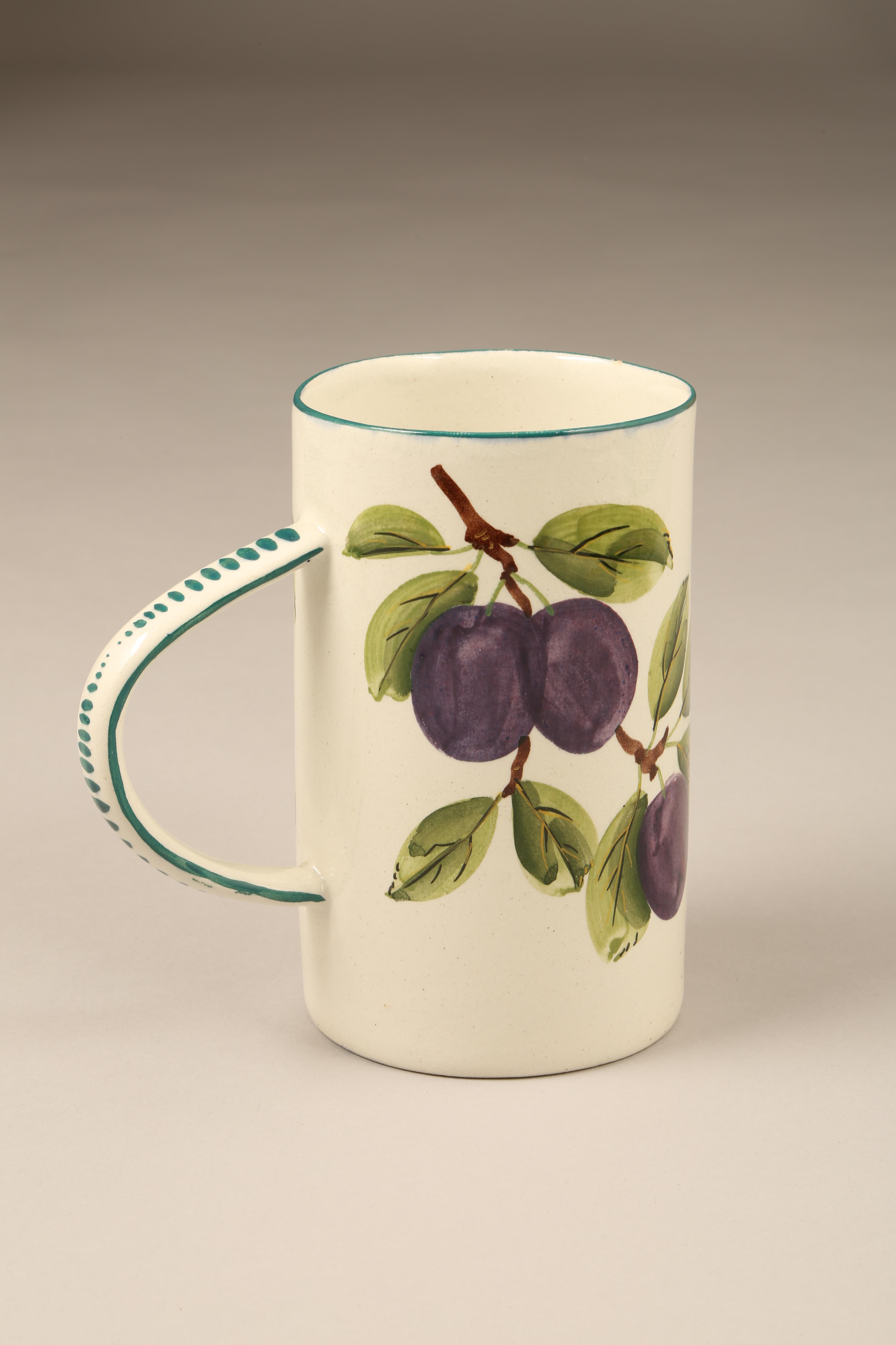 Scottish Wemyss Pottery tankard, cylindrical form, hand painted with plums signed Wemyss to base. - Image 2 of 6