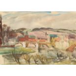 William Wilson RSA (Scottish 1905-1972) ARR Framed watercolour, signed 'Village River Landscape'