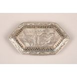 George III silver snuff box, hinged cover decorated with an embossed courting couple, assay marked