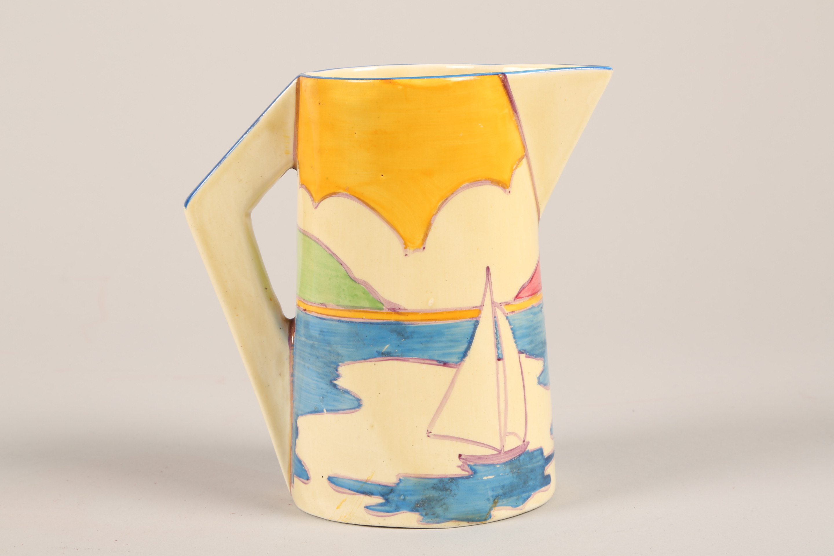 Clarice Cliff conical jug, in the Gibraltar Design, Fantasque and Bizarre marks. Height 13.5cm - Image 4 of 7