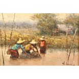 Indistinctly Signed (Thailand) Framed oil on board, signed, dated '76 'Setting the Fish Traps'