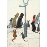 Nick Holly ARR Framed oil on board, signed 'Figures on a Corner' 17cm x 12cm