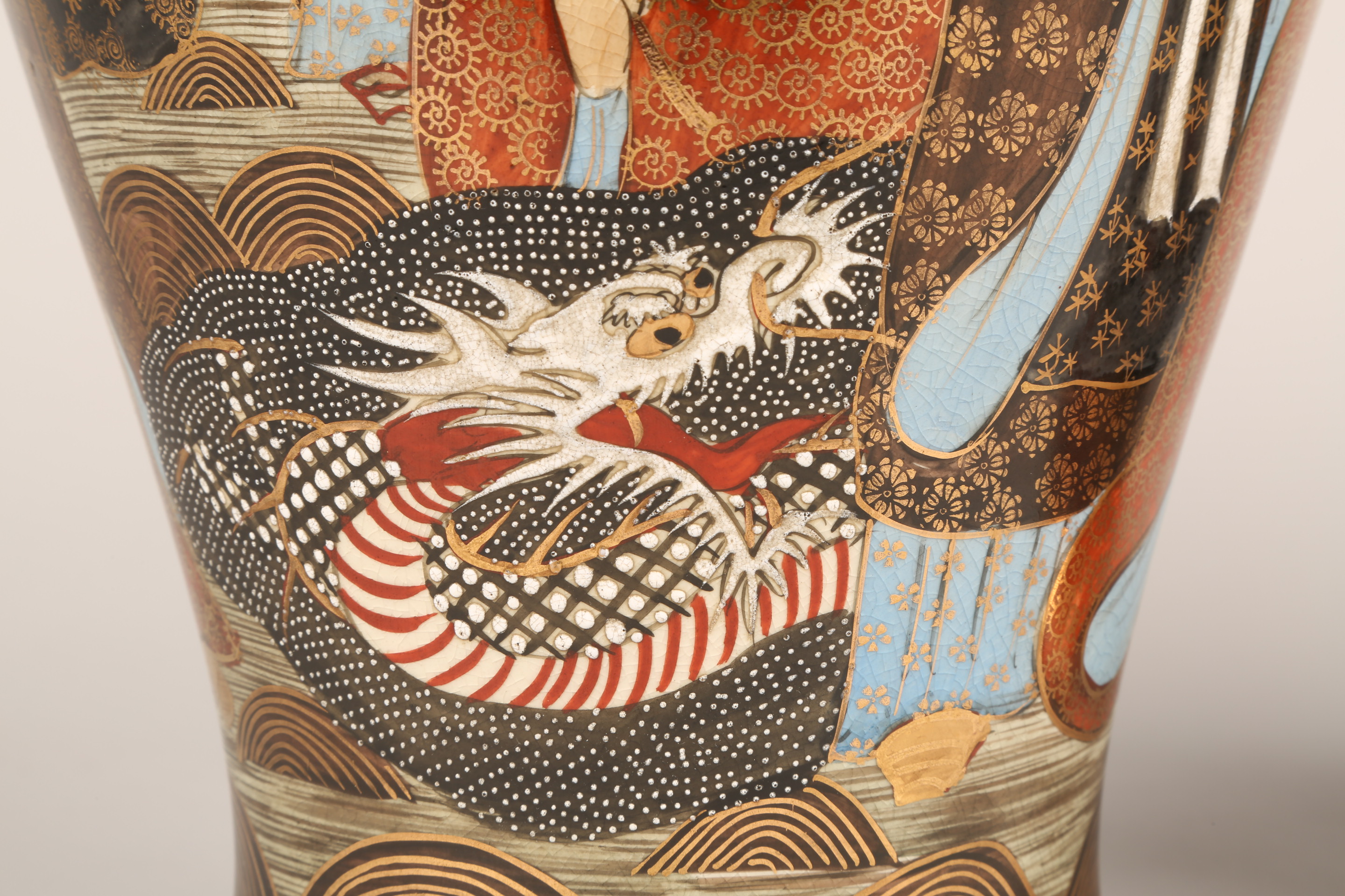 Pair Japanese Satsuma Pottery vases, baluster form, decorated with rakan and dragons. Meiji - Image 7 of 7