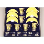 Cased Bone China coffee set, 6 coffee cans with silver holders London 1908, 6 saucers, 6 silver