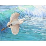 Alan M Hunt ARR Framed oil on canvas, signed, dated 2014 'Breaking Wave, Little Egret' 50cm x 61cm