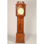 Victorian mahogany longcase clock with painted face depicting Rob Roy to the arch and the four