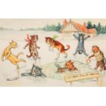 Louis Wain (British 1860-1939) Framed watercolour, signed 'Ice Safe till it Thaws' 20cm x 31cm