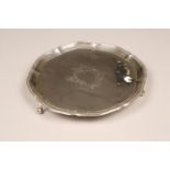 Victorian silver salver, pie crust edge with a beaded rim, raised on three ball & claw feet, assay