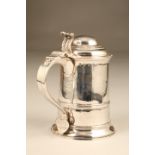 George III silver tankard of tapering cylindrical form, scroll handle and hinged domed cover,