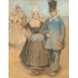 Indistinctly signed, possibly Charles DeBelle Framed pastel, signed 'Dutch Fisherfolk' 40cm x 35cm