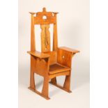 Arts & Crafts oak hall chair, pierced splat and top rail, rectangle elbow rests, studded leather