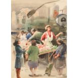 Rafael Sempere Esteve (Spanish 1928-2009) ARR Framed watercolour, signed, dated 1977 'Food Stall