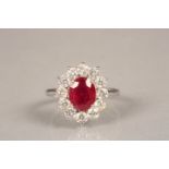 Ladies 18 carat white gold ruby and diamond ring, central ruby surrounded by twelve 0.1 carat