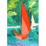 J C Sturgeon (Scottish 20th Century) ARR Framed oil on board, signed 'Red Sail, Kippford' 16cm x