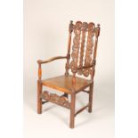 19th century oak hall carver chair, carved floral splat and matching top rail, square legs united by