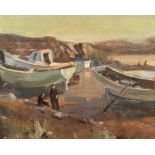 Ernest Burnett Hood (Scottish 1932-1988) ARR Framed oil on board, signed 'Beached Boats' 21cm x